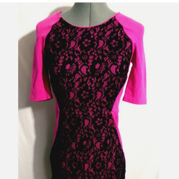 JUICY COUTURE Stretch knit Tulip retro Dress sz 0 Hot Pink Black Lace scoop neck - Picture 1 of 9